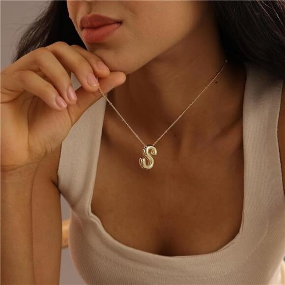 14K Gold Plated Bubble Letter Necklace Initial Pendant Chunky Custom Name Jewelr - Picture 3 of 7